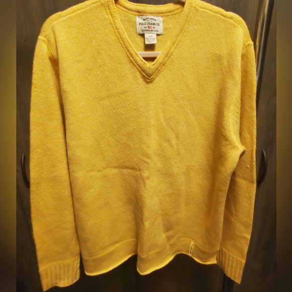 Ralph Lauren V Neck Sweater Polo Jeans Pullover 100% Wool Size Medium Yellow - Picture 5 of 5